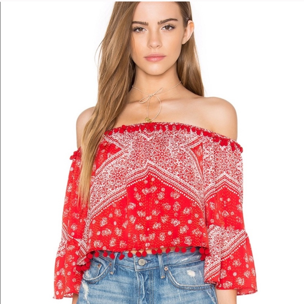 Tularosa Alexa Pompom Red Off Shoulder Top